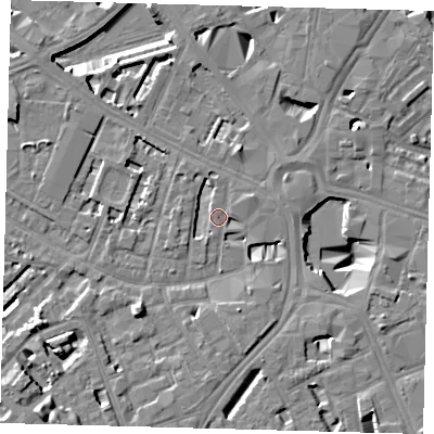 Shaded relief map of the ground around SE114TF, computed from Environment Agency LiDAR. The ground here sits at about 3 m above sea level and falls 10 m across the surrounding 800 m. Surface water reaching this point runs off ground lying to the north-north-east, 4.0 m higher.