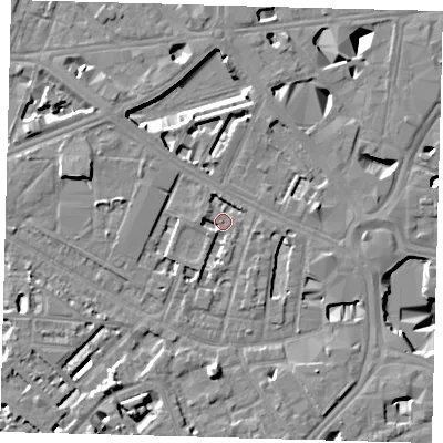 Shaded relief map of the ground around SE114TJ, computed from Environment Agency LiDAR. The ground here sits at about 3 m above sea level and falls 10 m across the surrounding 800 m. Surface water reaching this point runs off ground lying to the north-west, 2.2 m higher.