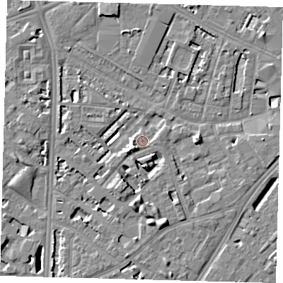 Shaded relief map of the ground around SE114TN, computed from Environment Agency LiDAR. The ground here sits at about 4 m above sea level and falls 7 m across the surrounding 800 m. Surface water reaching this point runs off ground lying to the south, 3.8 m higher.