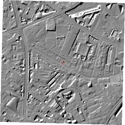 Shaded relief map of the ground around SE114TR, computed from Environment Agency LiDAR. The ground here sits at about 3 m above sea level and falls 7 m across the surrounding 800 m. Surface water reaching this point runs off ground lying to the north-north-west, 5.8 m higher.