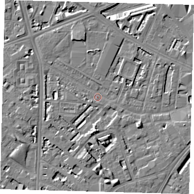 Shaded relief map of the ground around SE114TS, computed from Environment Agency LiDAR. The ground here sits at about 3 m above sea level and falls 7 m across the surrounding 800 m. Surface water reaching this point runs off ground lying to the west-south-west, 2.6 m higher.