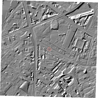 Shaded relief map of the ground around SE114TT, computed from Environment Agency LiDAR. The ground here sits at about 3 m above sea level and falls 7 m across the surrounding 800 m. Surface water reaching this point runs off ground lying to the west-south-west, 1.4 m higher.