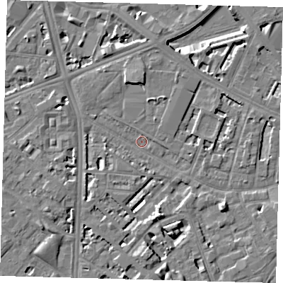 Shaded relief map of the ground around SE114TU, computed from Environment Agency LiDAR. The ground here sits at about 2 m above sea level and falls 7 m across the surrounding 800 m. Surface water reaching this point runs off ground lying to the north, 5.8 m higher.