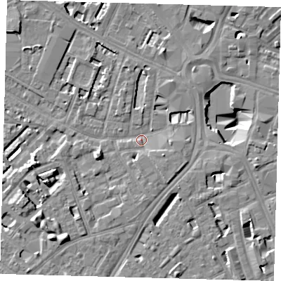 Shaded relief map of the ground around SE114TW, computed from Environment Agency LiDAR. The ground here sits at about 3 m above sea level and falls 11 m across the surrounding 800 m. Surface water reaching this point runs off ground lying to the east-south-east, 4.5 m higher.