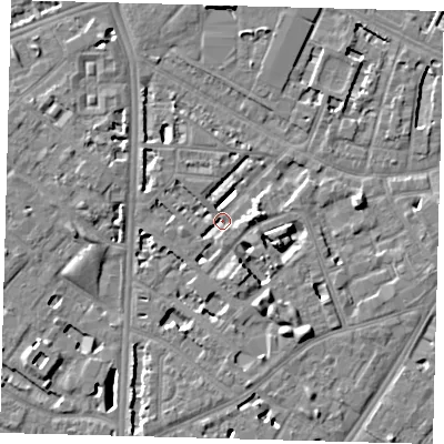 Shaded relief map of the ground around SE114TX, computed from Environment Agency LiDAR. The ground here sits at about 3 m above sea level and falls 7 m across the surrounding 800 m. Surface water reaching this point runs off ground lying to the east, 6.4 m higher.