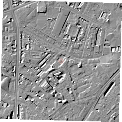 Shaded relief map of the ground around SE114TY, computed from Environment Agency LiDAR. The ground here sits at about 2 m above sea level and falls 7 m across the surrounding 800 m. Surface water reaching this point runs off ground lying to the south-west, 4.4 m higher.