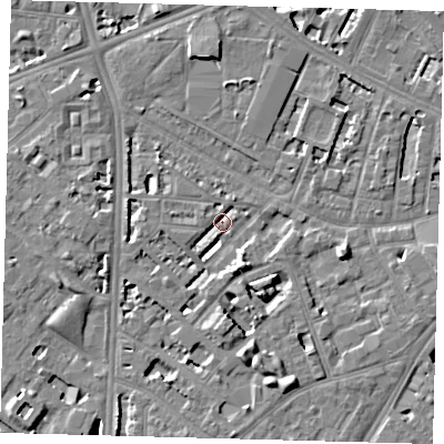 Shaded relief map of the ground around SE114UA, computed from Environment Agency LiDAR. The ground here sits at about 2 m above sea level and falls 7 m across the surrounding 800 m. Surface water reaching this point runs off ground lying to the south-south-east, 6.4 m higher.