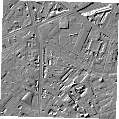 Shaded relief map of the ground around SE114UB, computed from Environment Agency LiDAR. The ground here sits at about 3 m above sea level and falls 7 m across the surrounding 800 m. Surface water reaching this point runs off ground lying to the west-north-west, 1.4 m higher.