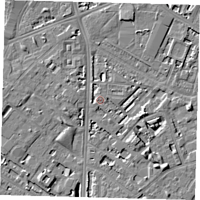 Shaded relief map of the ground around SE114UE, computed from Environment Agency LiDAR. The ground here sits at about 4 m above sea level and falls 7 m across the surrounding 800 m. Surface water reaching this point runs off ground lying to the west, 1.9 m higher.