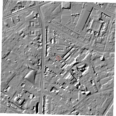 Shaded relief map of the ground around SE114UF, computed from Environment Agency LiDAR. The ground here sits at about 3 m above sea level and falls 7 m across the surrounding 800 m. Surface water reaching this point runs off ground lying to the south-west, 1.6 m higher.