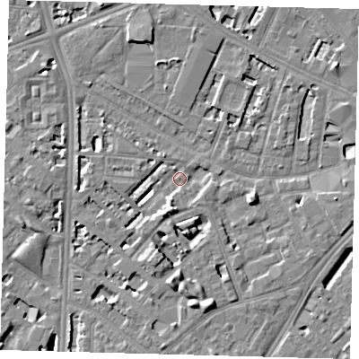Shaded relief map of the ground around SE114UH, computed from Environment Agency LiDAR. The ground here sits at about 3 m above sea level and falls 7 m across the surrounding 800 m. Surface water reaching this point runs off ground lying to the south-south-west, 6.4 m higher.