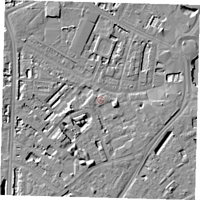 Shaded relief map of the ground around SE114UL, computed from Environment Agency LiDAR. The ground here sits at about 4 m above sea level and falls 8 m across the surrounding 800 m. Surface water reaching this point runs off ground lying to the east-south-east, 4.3 m higher.