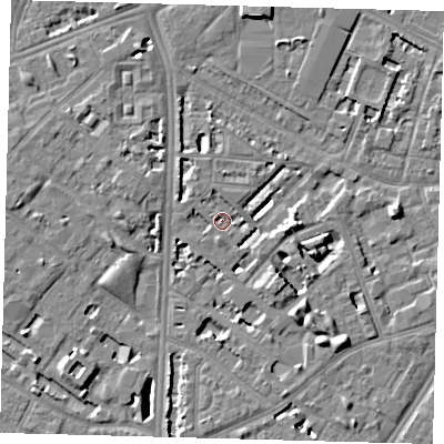 Shaded relief map of the ground around SE114UQ, computed from Environment Agency LiDAR. The ground here sits at about 4 m above sea level and falls 7 m across the surrounding 800 m. Surface water reaching this point runs off ground lying to the west-north-west, 1.5 m higher.