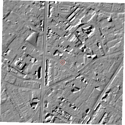 Shaded relief map of the ground around SE114UR, computed from Environment Agency LiDAR. The ground here sits at about 3 m above sea level and falls 7 m across the surrounding 800 m. Surface water reaching this point runs off ground lying to the east-south-east, 3.7 m higher.