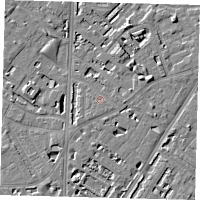 Shaded relief map of the ground around SE114UT, computed from Environment Agency LiDAR. The ground here sits at about 4 m above sea level and falls 7 m across the surrounding 800 m. Surface water reaching this point runs off ground lying to the east-south-east, 3.7 m higher.