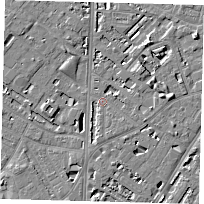 Shaded relief map of the ground around SE114UU, computed from Environment Agency LiDAR. The ground here sits at about 3 m above sea level and falls 7 m across the surrounding 800 m. Surface water reaching this point runs off ground lying to the east-south-east, 3.7 m higher.