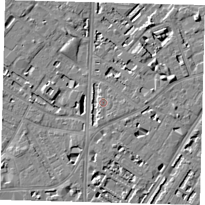 Shaded relief map of the ground around SE114UX, computed from Environment Agency LiDAR. The ground here sits at about 4 m above sea level and falls 7 m across the surrounding 800 m. Surface water reaching this point runs off ground lying to the south, 1.2 m higher.