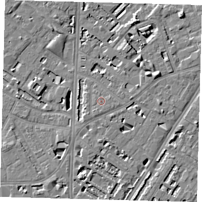 Shaded relief map of the ground around SE114UY, computed from Environment Agency LiDAR. The ground here sits at about 4 m above sea level and falls 7 m across the surrounding 800 m. Surface water reaching this point runs off ground lying to the south-west, 1.0 m higher.