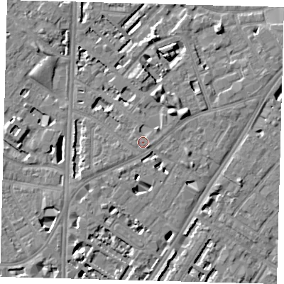 Shaded relief map of the ground around SE114XD, computed from Environment Agency LiDAR. The ground here sits at about 4 m above sea level and falls 7 m across the surrounding 800 m. Surface water reaching this point runs off ground lying to the north-east, 1.6 m higher.