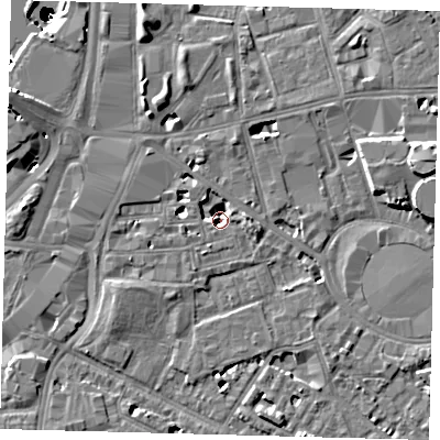 Shaded relief map of the ground around SE115AA, computed from Environment Agency LiDAR. The ground here sits at about 1 m above sea level and falls 50 m across the surrounding 800 m. Surface water reaching this point runs off ground lying to the east, 4.3 m higher.