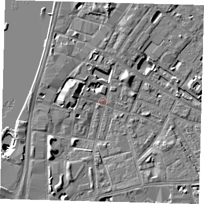 Shaded relief map of the ground around SE115AE, computed from Environment Agency LiDAR. The ground here sits at about 3 m above sea level and falls 49 m across the surrounding 800 m. Surface water reaching this point runs off ground lying to the south-west, 6.4 m higher.