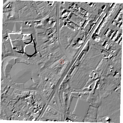 Shaded relief map of the ground around SE115AF, computed from Environment Agency LiDAR. The ground here sits at about 4 m above sea level and falls 8 m across the surrounding 800 m. Surface water reaching this point runs off ground lying to the east-south-east, 1.1 m higher.