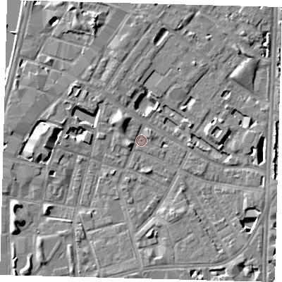 Shaded relief map of the ground around SE115AG, computed from Environment Agency LiDAR. The ground here sits at about 3 m above sea level and falls 7 m across the surrounding 800 m. Surface water reaching this point runs off ground lying to the north-west, 3.5 m higher.