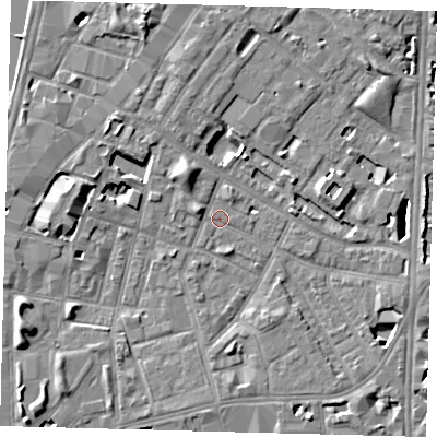 Shaded relief map of the ground around SE115AH, computed from Environment Agency LiDAR. The ground here sits at about 3 m above sea level and falls 7 m across the surrounding 800 m. Surface water reaching this point runs off ground lying to the west-south-west, 6.4 m higher.