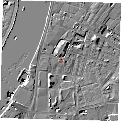 Shaded relief map of the ground around SE115AL, computed from Environment Agency LiDAR. The ground here sits at about 4 m above sea level and falls 50 m across the surrounding 800 m. Surface water reaching this point runs off ground lying to the south-west, 6.0 m higher.