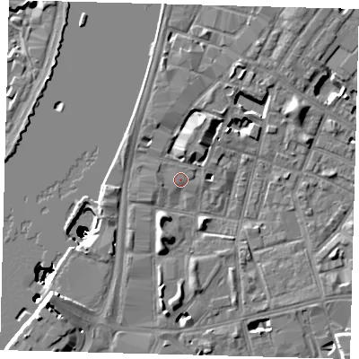Shaded relief map of the ground around SE115AN, computed from Environment Agency LiDAR. The ground here sits at about 4 m above sea level and falls 50 m across the surrounding 800 m. Surface water reaching this point runs off ground lying to the south-west, 1.6 m higher.