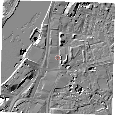 Shaded relief map of the ground around SE115AW, computed from Environment Agency LiDAR. The ground here sits at about 4 m above sea level and falls 50 m across the surrounding 800 m. Surface water reaching this point runs off ground lying to the north-north-east, 3.1 m higher.