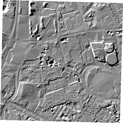 Shaded relief map of the ground around SE115AX, computed from Environment Agency LiDAR. The ground here sits at about 4 m above sea level and falls 50 m across the surrounding 800 m. Surface water reaching this point runs off ground lying to the north-north-west, 6.4 m higher.