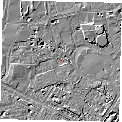 Shaded relief map of the ground around SE115BE, computed from Environment Agency LiDAR. The ground here sits at about 4 m above sea level and falls 7 m across the surrounding 800 m. Surface water reaching this point runs off ground lying to the south, 2.0 m higher.
