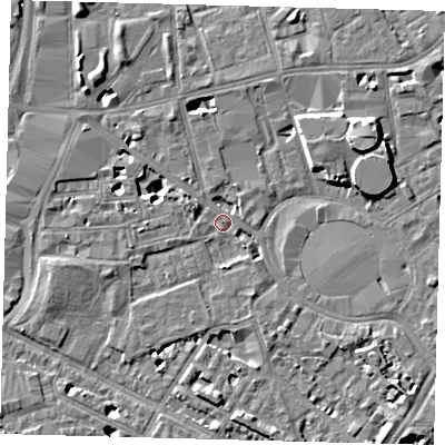 Shaded relief map of the ground around SE115BG, computed from Environment Agency LiDAR. The ground here sits at about 4 m above sea level and falls 7 m across the surrounding 800 m. Surface water reaching this point runs off ground lying to the west-north-west, 3.0 m higher.