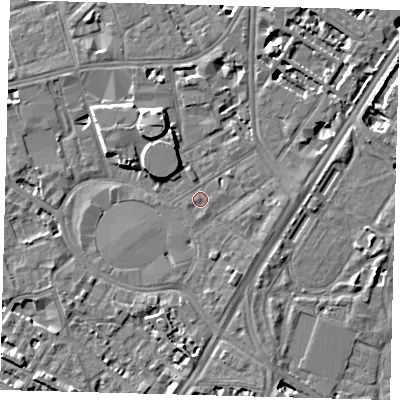Shaded relief map of the ground around SE115BX, computed from Environment Agency LiDAR. The ground here sits at about 4 m above sea level and falls 8 m across the surrounding 800 m. Surface water reaching this point runs off ground lying to the west-south-west, 0.6 m higher.