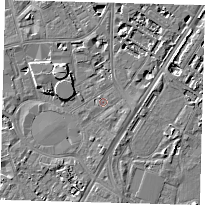 Shaded relief map of the ground around SE115BZ, computed from Environment Agency LiDAR. The ground here sits at about 4 m above sea level and falls 8 m across the surrounding 800 m. Surface water reaching this point runs off ground lying to the south, 1.9 m higher.