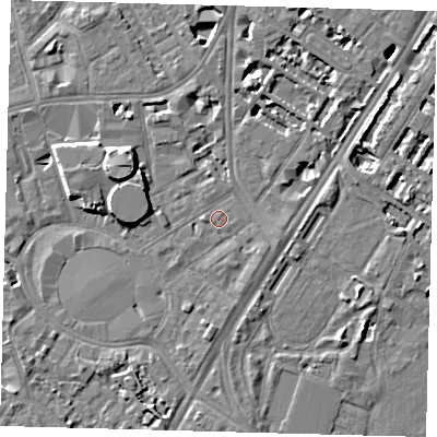 Shaded relief map of the ground around SE115DB, computed from Environment Agency LiDAR. The ground here sits at about 4 m above sea level and falls 8 m across the surrounding 800 m. Surface water reaching this point runs off ground lying to the south, 5.0 m higher.