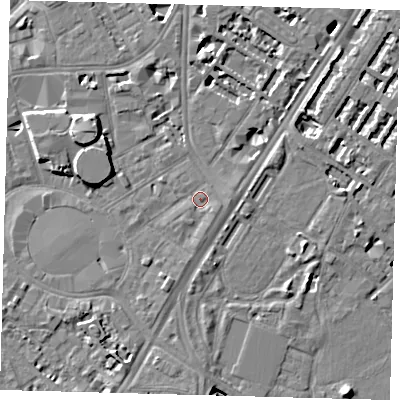 Shaded relief map of the ground around SE115DD, computed from Environment Agency LiDAR. The ground here sits at about 4 m above sea level and falls 9 m across the surrounding 800 m. Surface water reaching this point runs off ground lying to the south-east, 1.1 m higher.