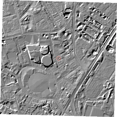 Shaded relief map of the ground around SE115DE, computed from Environment Agency LiDAR. The ground here sits at about 3 m above sea level and falls 8 m across the surrounding 800 m. Surface water reaching this point runs off ground lying to the west-north-west, 7.1 m higher.
