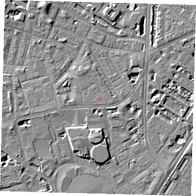 Shaded relief map of the ground around SE115DJ, computed from Environment Agency LiDAR. The ground here sits at about 4 m above sea level and falls 8 m across the surrounding 800 m. The ground contributing surface water to this point lies to the east-south-east.