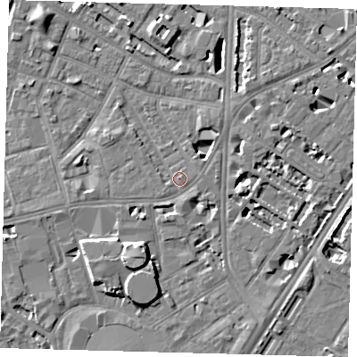 Shaded relief map of the ground around SE115DL, computed from Environment Agency LiDAR. The ground here sits at about 4 m above sea level and falls 8 m across the surrounding 800 m. Surface water reaching this point runs off ground lying to the south-west, 3.0 m higher.