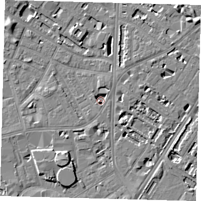 Shaded relief map of the ground around SE115DP, computed from Environment Agency LiDAR. The ground here sits at about 1 m above sea level and falls 8 m across the surrounding 800 m. Surface water reaching this point runs off ground lying to the south-south-west, 7.8 m higher.