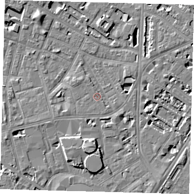 Shaded relief map of the ground around SE115DQ, computed from Environment Agency LiDAR. The ground here sits at about 4 m above sea level and falls 8 m across the surrounding 800 m. The ground contributing surface water to this point lies to the west-south-west.