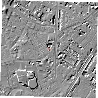 Shaded relief map of the ground around SE115DR, computed from Environment Agency LiDAR. The ground here sits at about 4 m above sea level and falls 8 m across the surrounding 800 m. Surface water reaching this point runs off ground lying to the south-south-west, 7.8 m higher.