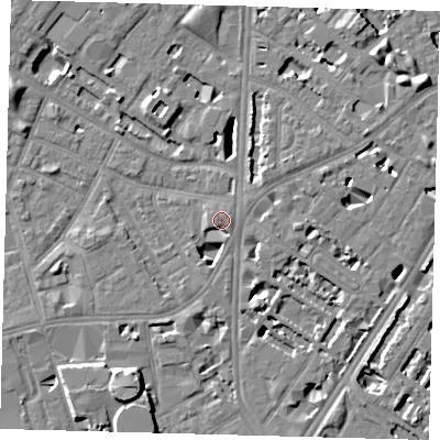 Shaded relief map of the ground around SE115DU, computed from Environment Agency LiDAR. The ground here sits at about 4 m above sea level and falls 8 m across the surrounding 800 m. Surface water reaching this point runs off ground lying to the west, 1.9 m higher.