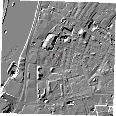 Shaded relief map of the ground around SE115ED, computed from Environment Agency LiDAR. The ground here sits at about 4 m above sea level and falls 50 m across the surrounding 800 m. Surface water reaching this point runs off ground lying to the south-west, 6.1 m higher.
