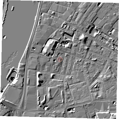 Shaded relief map of the ground around SE115EE, computed from Environment Agency LiDAR. The ground here sits at about 4 m above sea level and falls 50 m across the surrounding 800 m. Surface water reaching this point runs off ground lying to the south-west, 6.1 m higher.