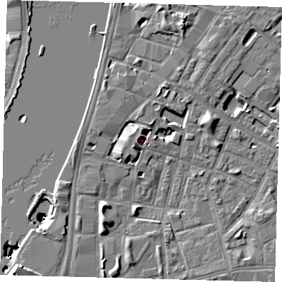 Shaded relief map of the ground around SE115EF, computed from Environment Agency LiDAR. The ground here sits at about 4 m above sea level and falls 50 m across the surrounding 800 m. Surface water reaching this point runs off ground lying to the west-south-west, 2.4 m higher.