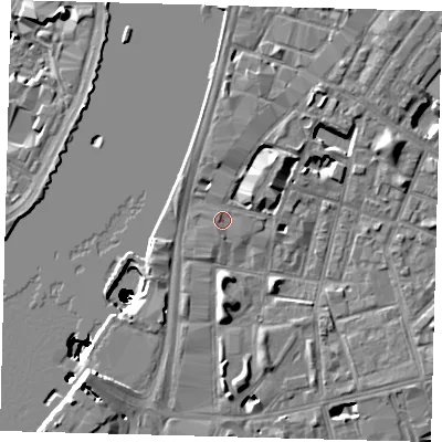 Shaded relief map of the ground around SE115EJ, computed from Environment Agency LiDAR. The ground here sits at about 4 m above sea level and falls 50 m across the surrounding 800 m. Surface water reaching this point runs off ground lying to the south-west, 4.5 m higher.