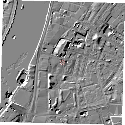 Shaded relief map of the ground around SE115EL, computed from Environment Agency LiDAR. The ground here sits at about 4 m above sea level and falls 50 m across the surrounding 800 m. Surface water reaching this point runs off ground lying to the south-west, 6.0 m higher.